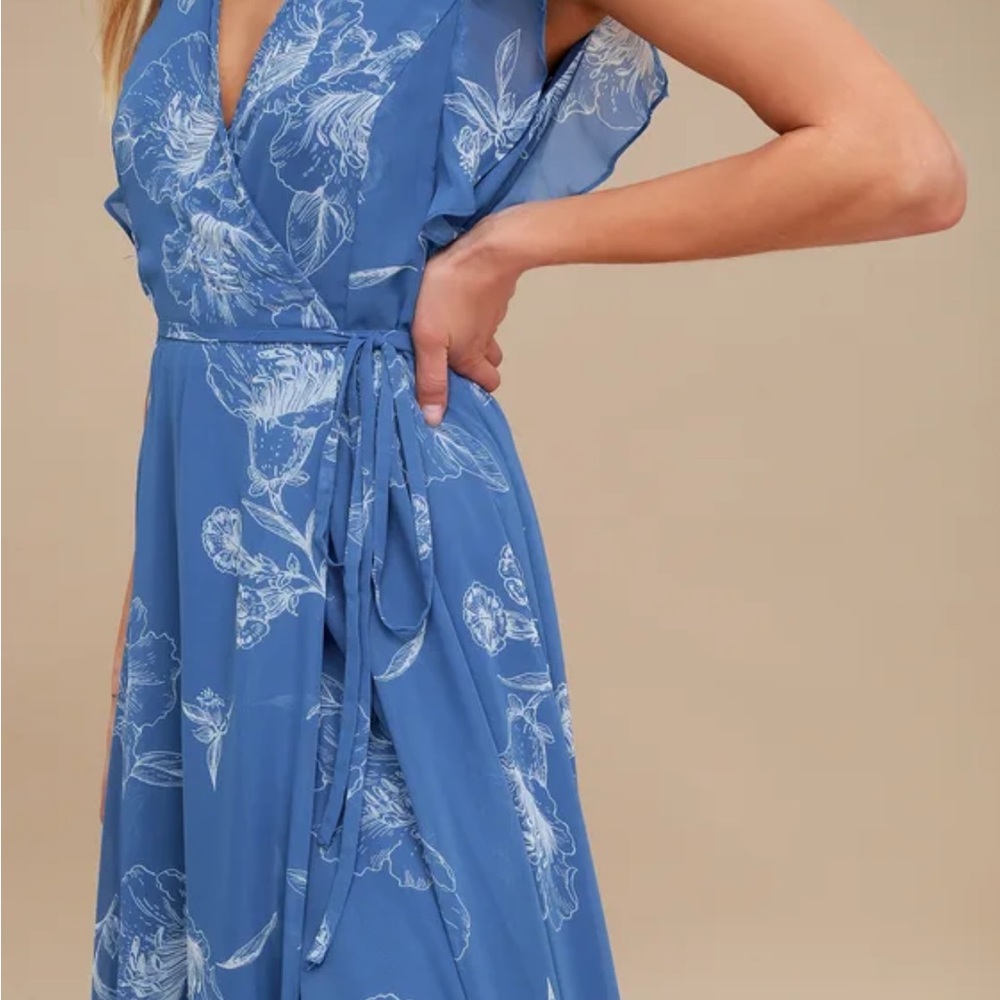 Lulus Albion Blue Floral Print Wrap Maxi Dress
